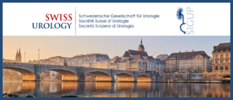 Logo of the Swiss Urology Society overlaid on a scenic landscape of a Swiss city.